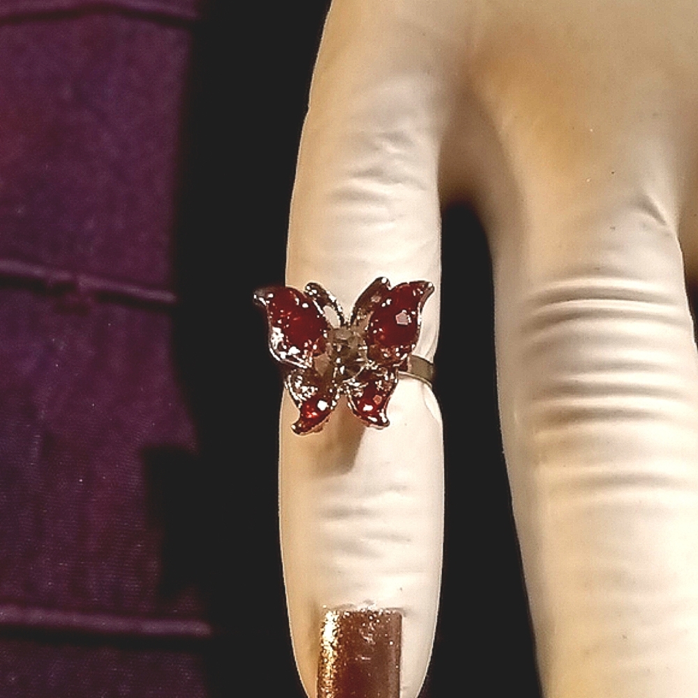 Child's, Adjustable, Silver plated w/red rhinestones butterfly ring